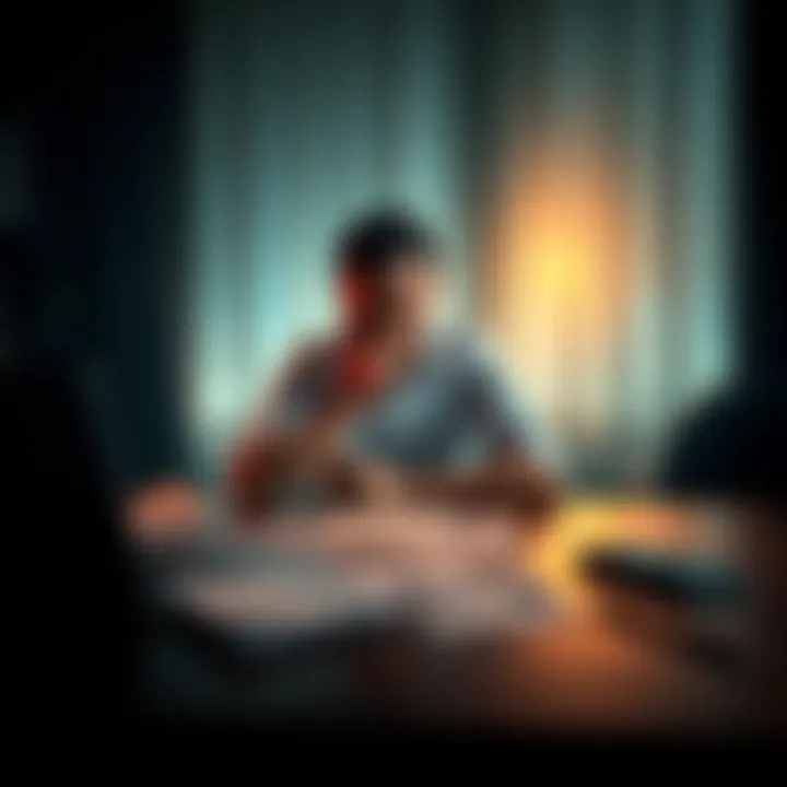 A person sitting at a desk looking distressed, surrounded by gambling papers and a closed laptop, symbolizing the end of their online betting journey.