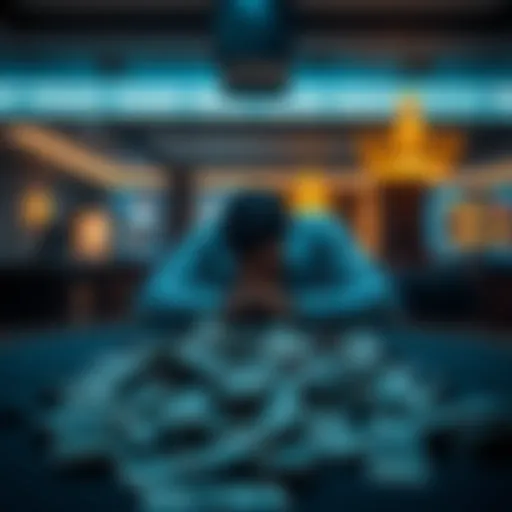 Gambling Loss Reflection A person sitting alone at a table looking at a pile of lost cash, deep in thought about the consequences of gambling.