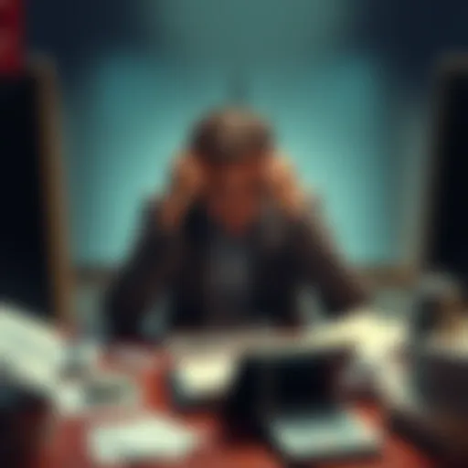 A person sits at a desk looking stressed, papers and a computer around them, representing the emotional toll of gambling loss