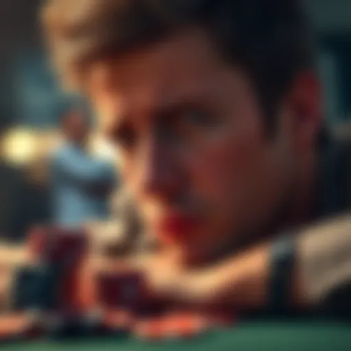 A gambler reflects on past bets with a focused expression, showing a mix of disappointment and hope, with a stack of chips beside them.