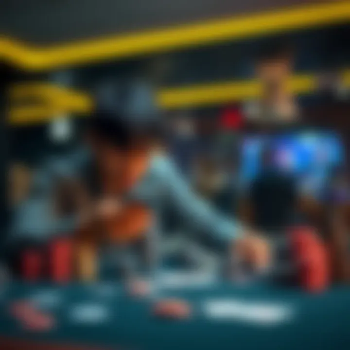 A person sitting at a table with cards and chips, showing signs of distress while looking at their phone, symbolizing gambling issues.