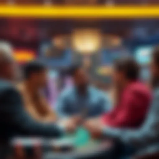 A group of people engaging in a conversation about the financial outcomes of gambling, with a casino background