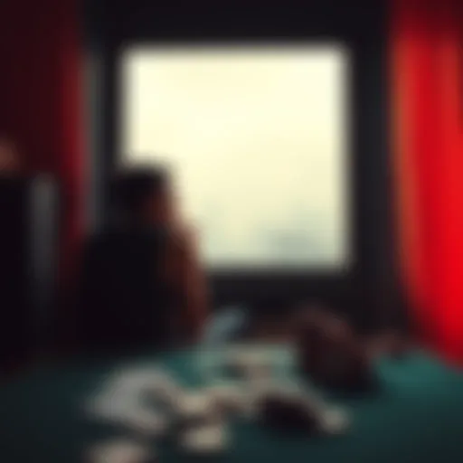 Individual sitting alone, looking pensively out a window, with cards and chips scattered on a table nearby, symbolizing the struggle against gambling impulses