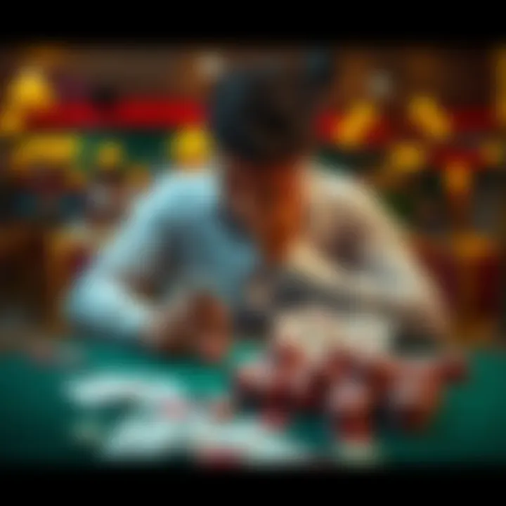 A person sitting at a table with their head in their hands, surrounded by playing cards and chips, symbolizing struggles with gambling addiction.