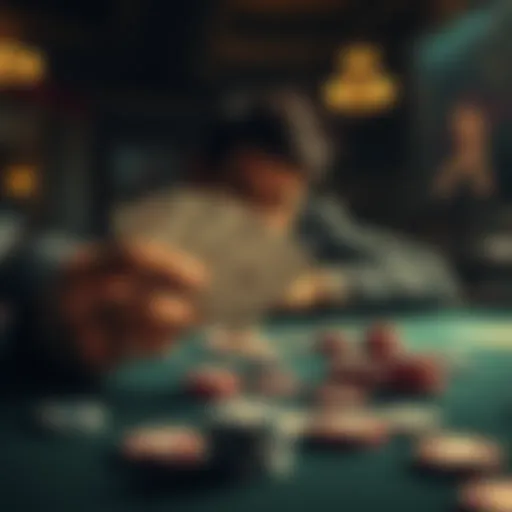 Gambling Reflection A person looking disappointed at a poker table with losing cards in hand and chips scattered around, symbolizing a frustrating gambling experience.