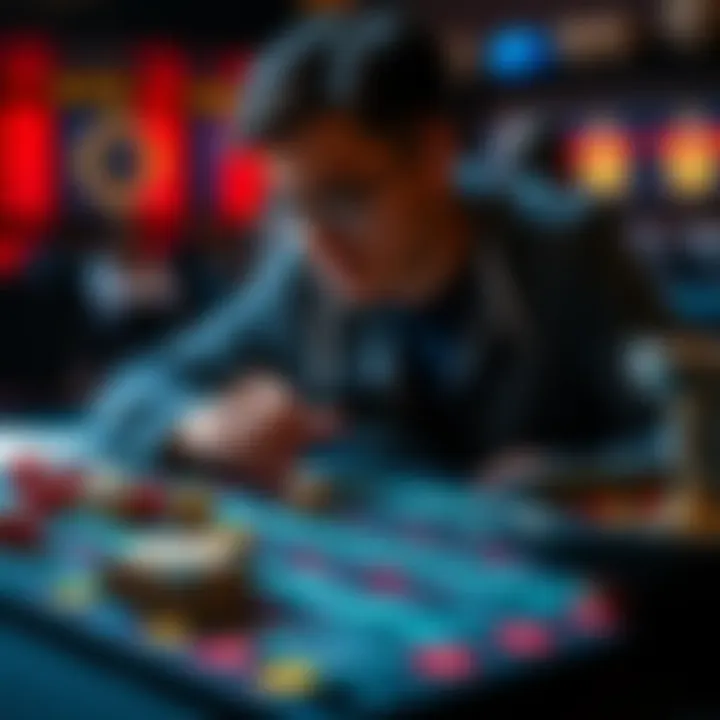 A person analyzing betting strategies with dice and a plinko board on a table