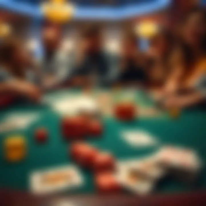 A gambling table displaying colorful dice and playing cards, highlighting the excitement of games. People can be seen in the background enjoying themselves, with some showing signs of concern.