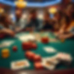 Gambling table with dice and cards A gambling table displaying colorful dice and playing cards, highlighting the excitement of games. People can be seen in the background enjoying themselves, with some showing signs of concern.