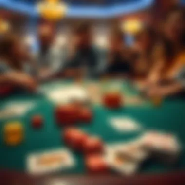 Gambling table with dice and cards A gambling table displaying colorful dice and playing cards, highlighting the excitement of games. People can be seen in the background enjoying themselves, with some showing signs of concern.