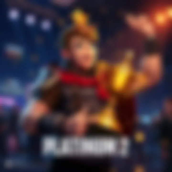 A game character celebrating with a trophy after reaching Platinum 2 rank in a gaming competition