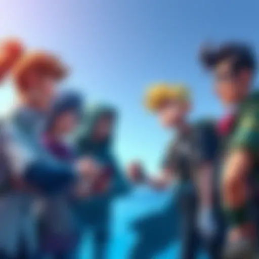 A group of game characters in a playful discussion about hunting whales in a game, showcasing the social dynamic between them