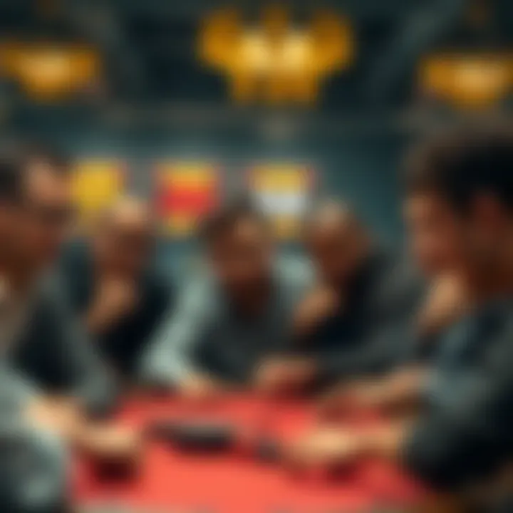 Game competition scene A group of players at a game table, showing intense focus and mixed expressions of luck and skill during a competitive match.