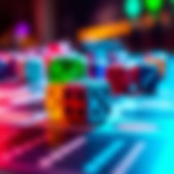 A close-up of a set of colorful dice on a game board ready for play, illustrating the concept of using dice to finish a game.