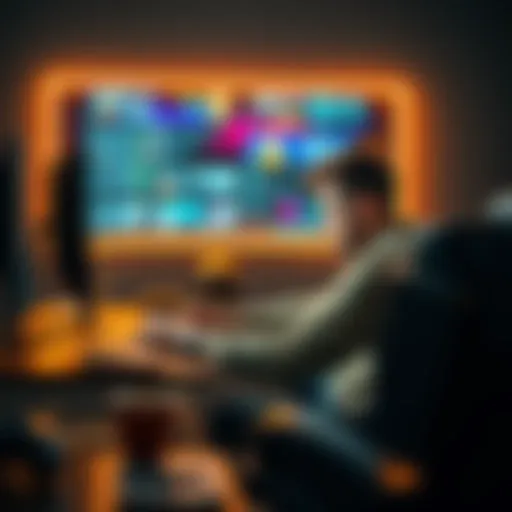28-year-old man sitting at a desk, looking at a computer screen with a worried expression, surrounded by gaming paraphernalia and empty coffee cups, symbolizing his struggles with gambling addiction a...