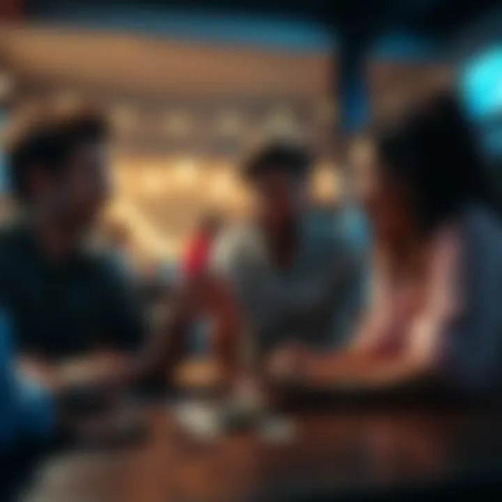 A group of friends laughing and playing card games together, showcasing their excitement and passion for gaming.