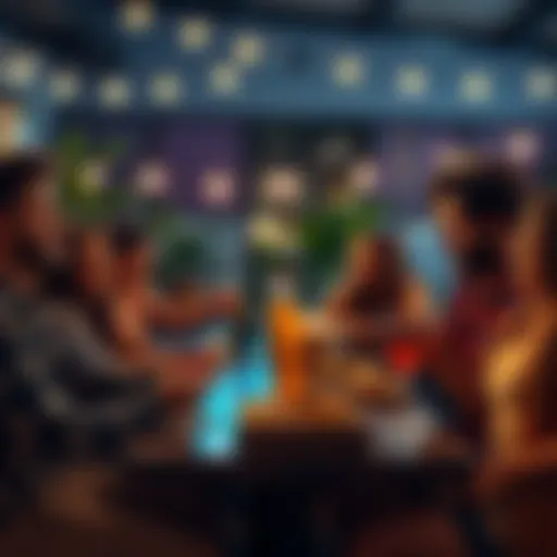 A group of friends enjoying different games at night, with snacks and drinks on the table, creating a lively atmosphere.