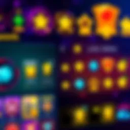 Game rewards display A colorful screen showing various game rewards and bonus icons, highlighting player achievements in a gaming interface