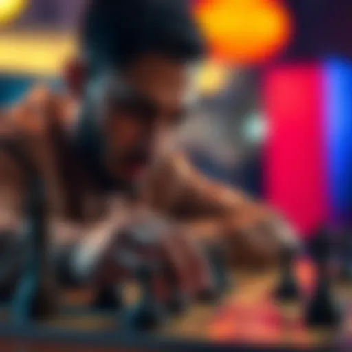 A player focusing on game strategy, contemplating their next move with a game board featuring fewer pieces.