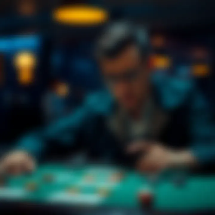 A person contemplating their next move in a card game, showing signs of hesitation and focus.