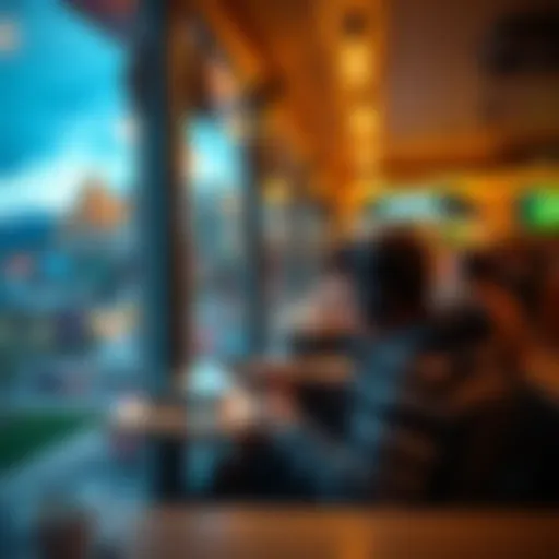 A gamer using a mobile device while sitting at a cafe in Bulgaria, looking at game settings with a view of the city.