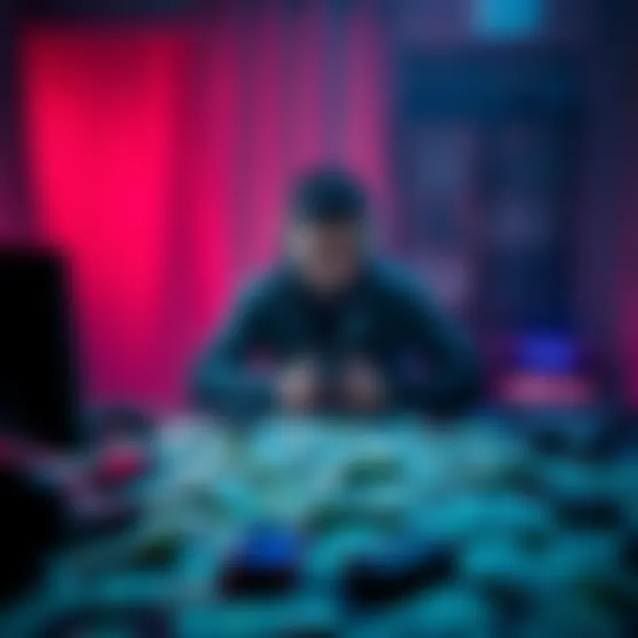 A gamer sitting at a table, looking hopeless while surrounded by scattered money and gaming devices, reflecting the struggle with gaming addiction