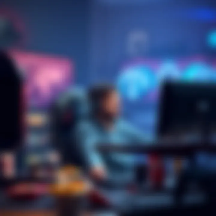 A gamer seated at a computer, surrounded by game controllers and snack food, engaging in a lively chat about game strategies on a forum.