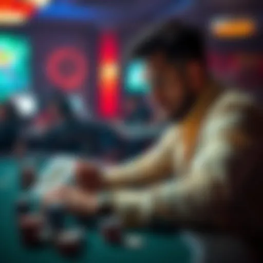 A focused player at a poker table, displaying frustration while trying to maintain composure during a long gaming session.