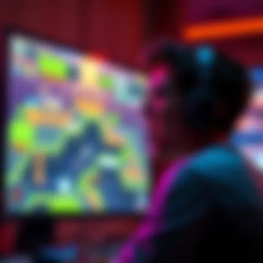 A gamer excitedly looking at a screen with classic game graphics, eager to try new and old games after a break