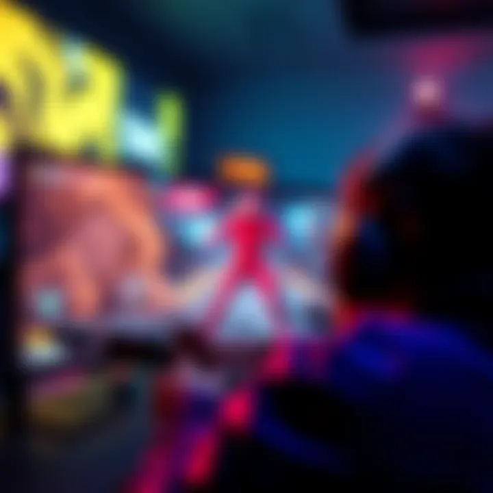 A gamer focused on a monitor, aiming a crosshair at an enemy in a shooting game