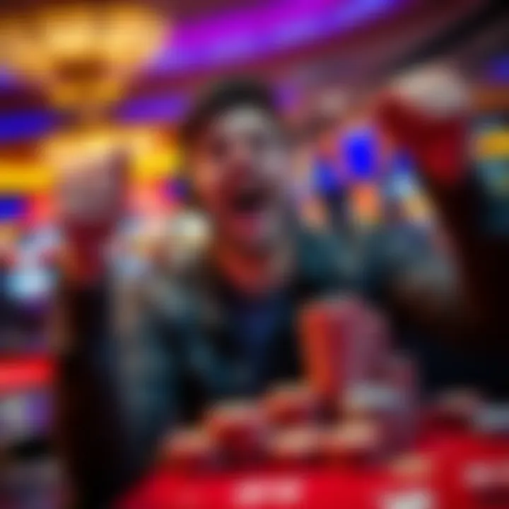 A gambler rejoicing with chips stacked high after turning a $350 investment into $1700, surrounded by a lively casino atmosphere.