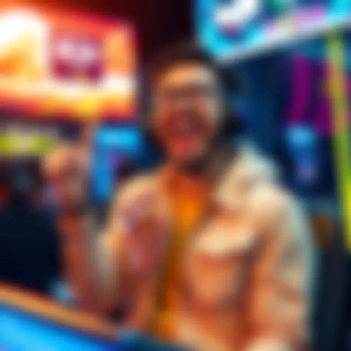 A happy gamer showing excitement after winning in a new mole game with cash in hand and a bright screen behind