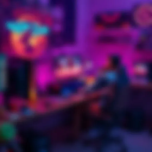 A dedicated gamer sitting at a desk with multiple monitors, gaming gear, and snacks, focusing intently on a game.