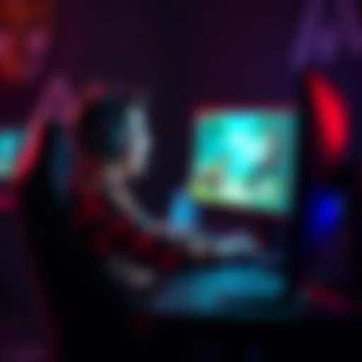 A gamer sitting at a desk with a headset, excited while playing video games on a computer, showing a screen with game graphics, inviting others to join