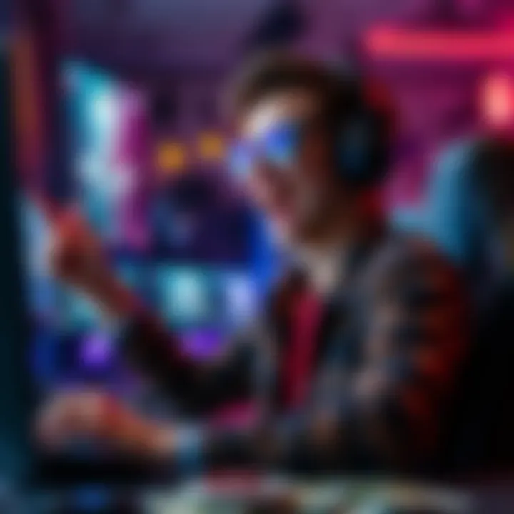 Player enjoying gaming with extra money A happy gamer celebrating a big win with cash and gaming setup in the background