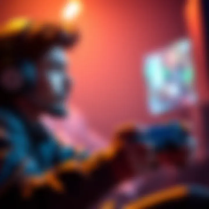 A gamer focused on setting financial targets while playing video games, showing a thoughtful expression.