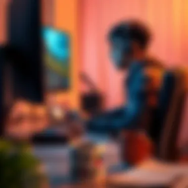 A focused gamer sitting at a desk, playing video games on a computer. The scene shows a bright Monday morning with a coffee cup nearby.