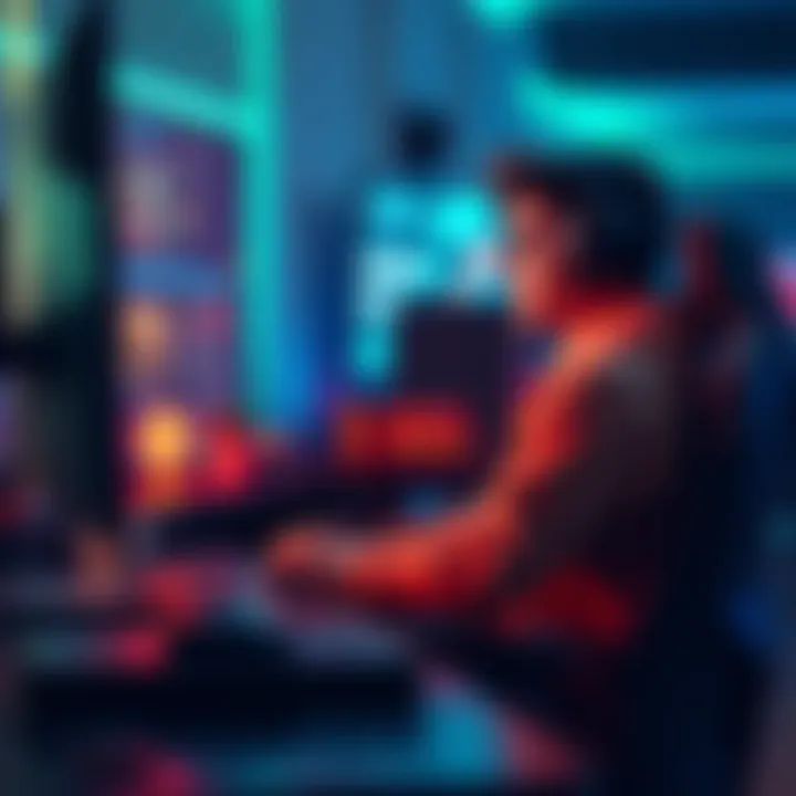A focused gamer sitting at a desk with headphones, intently playing a video game on a computer, showing determination and strategy.