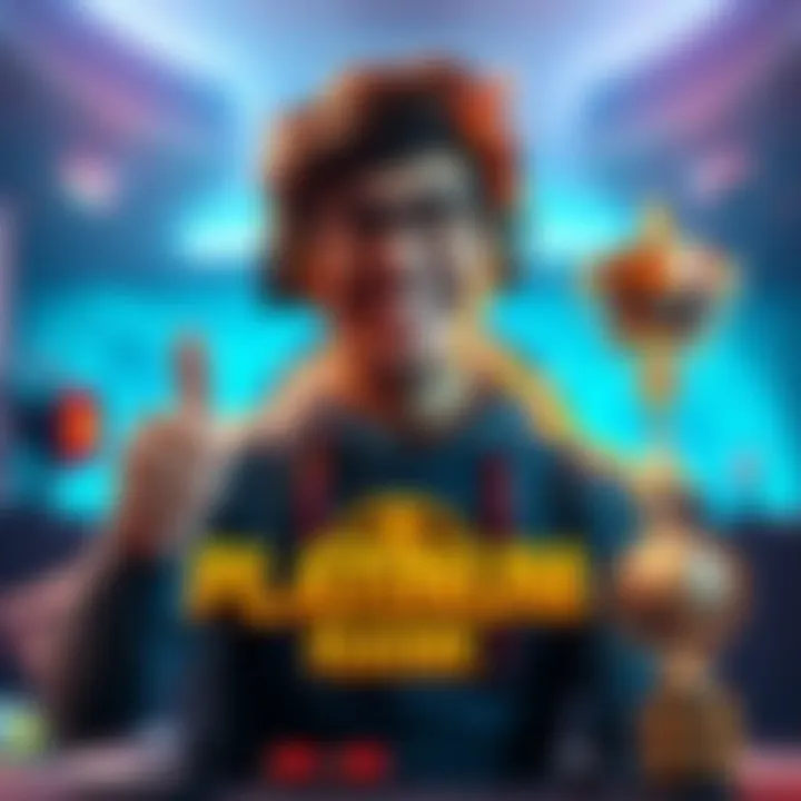 A gamer celebrating after reaching Platinum 1 rank in a game. The player is smiling and giving a thumbs up, surrounded by gaming gear and trophies.