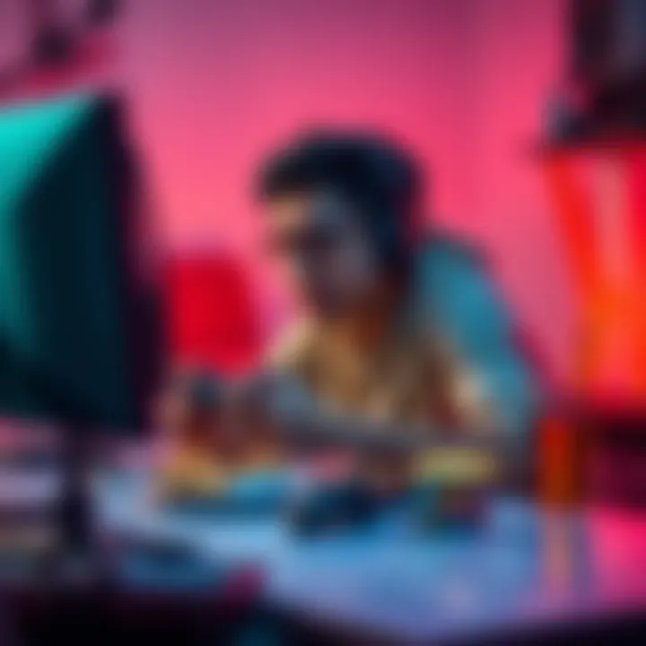 Gamer enjoying snacks while playing A person sits at a desk, playing video games on a PC with snacks and a drink nearby, surrounded by ambient lighting.