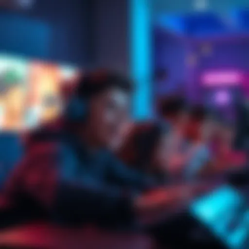 A young gamer excitedly competing in a video game tournament with friends, inspired by the film Maverick. They are gathered around a screen, focused on the game and enjoying the experience together.