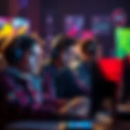 A group of gamers looking frustrated while playing online games, showing their screens with competitive stats.