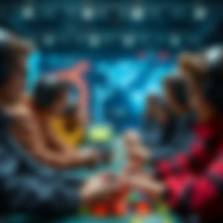 A group of gamers focused on playing skill-based mini-games on a digital platform, showcasing their abilities and strategy.