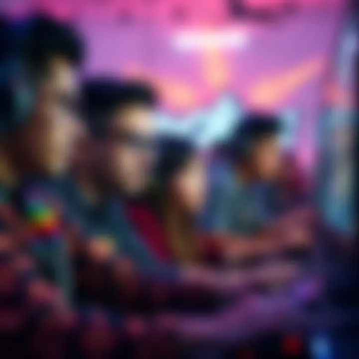 A group of diverse gamers intensely focused on a screen during a competitive gaming session