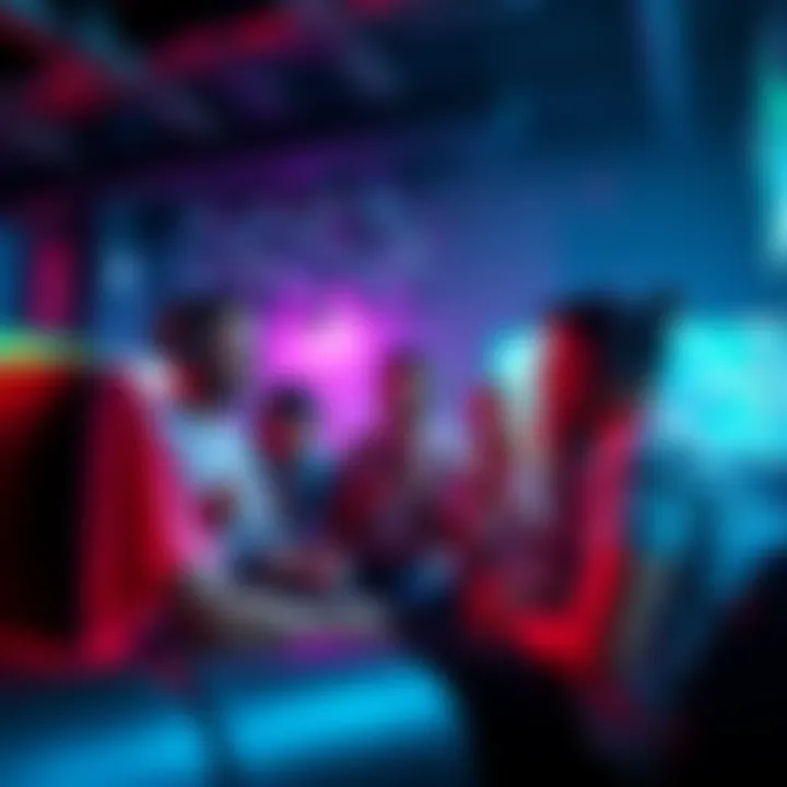 A group of enthusiastic gamers discussing and sharing ideas for a new game in a vibrant gaming lounge