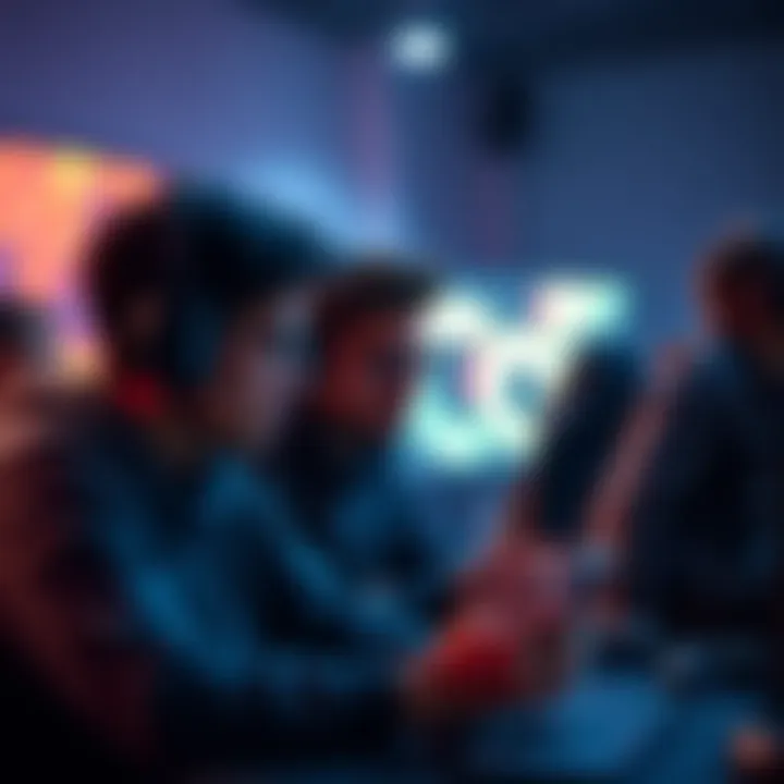 A group of gamers in Virginia look frustrated while trying to load their games, with one checking their device and others discussing solutions