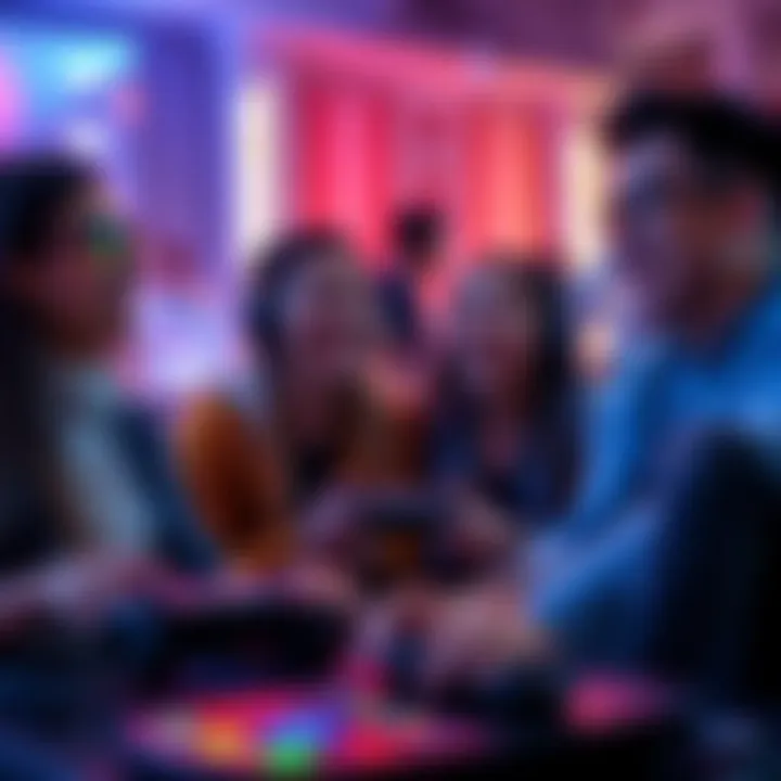 A group of friends playing video games together at a lively 1pm event, smiling and having fun.