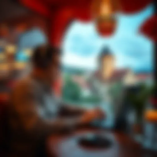 A person playing online casino games on a laptop while relaxing in a scenic German café during vacation