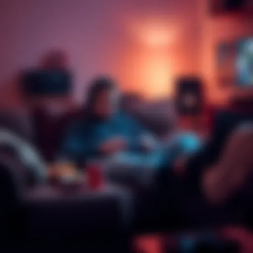 A person sitting on a couch, intensely focused on playing video games, surrounded by snacks and drinks, reflecting the struggle of gaming addiction