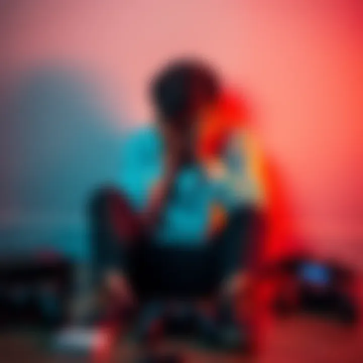 Individual sitting alone looking upset with video game console and controllers scattered around, symbolizing the struggle with gaming addiction