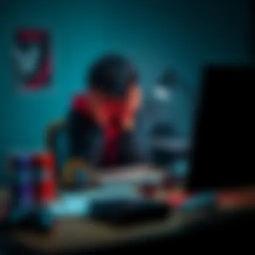 Individual sitting at a desk with a worried expression, surrounded by empty energy drink cans and gaming gear, symbolizing the struggle of online gaming addiction and debt